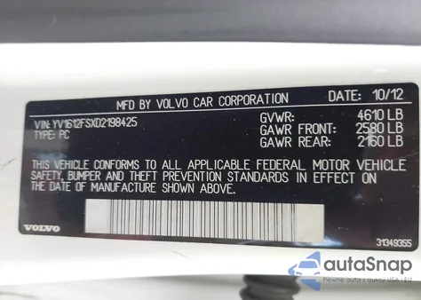 2013 Volvo S60 T5/T5 Platinum/T5 Premier/T5 Premier Plus z USA, uszkodzony, nr VIN YV1612FSXD2198425